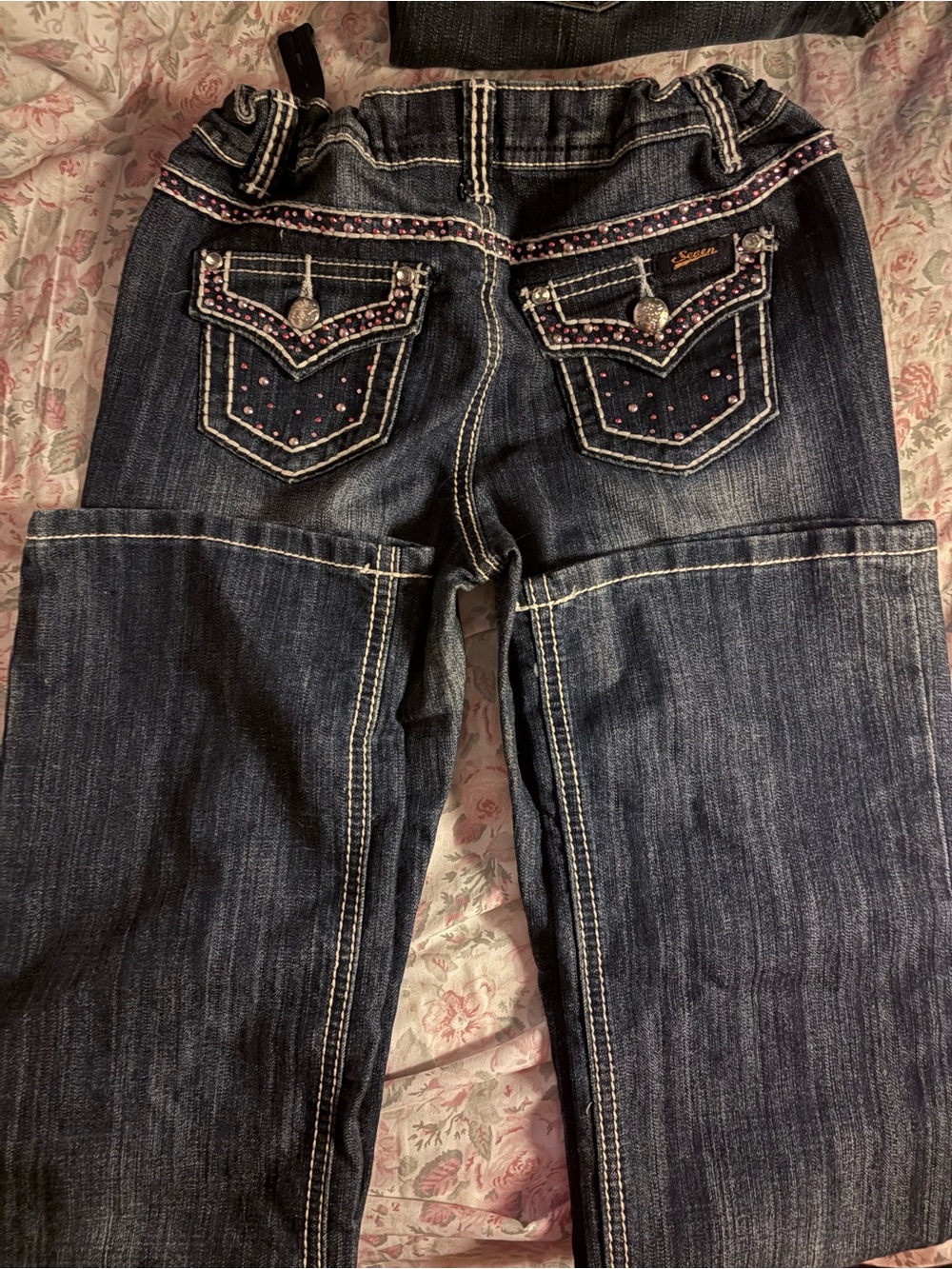Seven Jeans Dark Blue Straight-Leg Jeans with Embellished Back Pockets